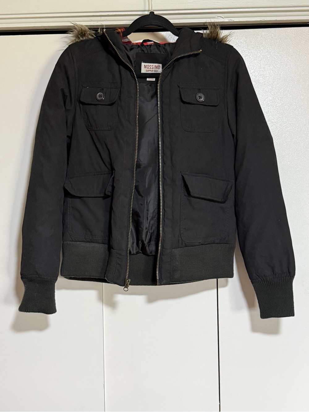 Mossimo Supply Co Black Faux Fur Hood Plaid Lined Utility Bomber Jacket Medium - Picture 5 of 14